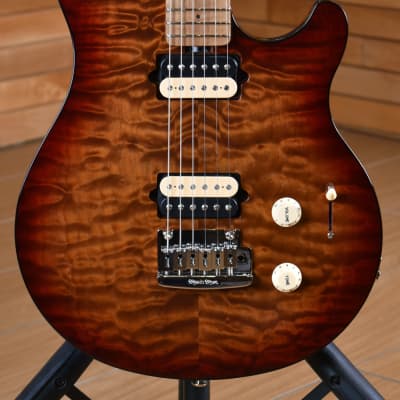 Music Man Axis Super Sport HH Tremolo Roasted Figured Maple Neck & Fretboard Quilted Amber image 6