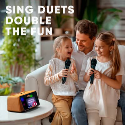 MASINGO Karaoke Machine for Adults and Kids with 2 UHF Wireless Microphones, Portable Bluetooth Singing Speaker, Colorful LED Lights, PA System, Lyrics Display Holder & TV Cable - Presto G2 Wood image 4