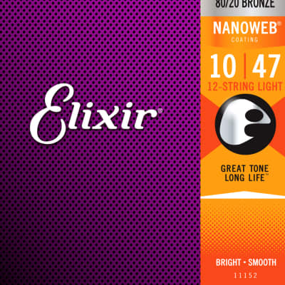 Elixir 11152 Nanoweb 80/20 Bronze 12-String Light Acoustic Guitar Strings image 1