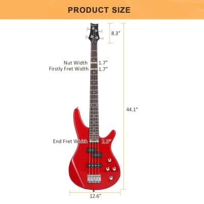 Glarry  Red GIB 4 String Bass Guitar Full Size SS pickups w/20W Amplifier image 7