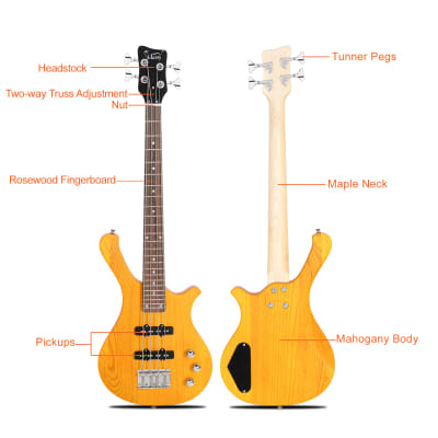 Glarry GW101 36in Small Scale Electric Bass Guitar Suit With Mahogany Body SS Pickups, Guitar Bag, Strap, Cable Transparent Yellow image 10