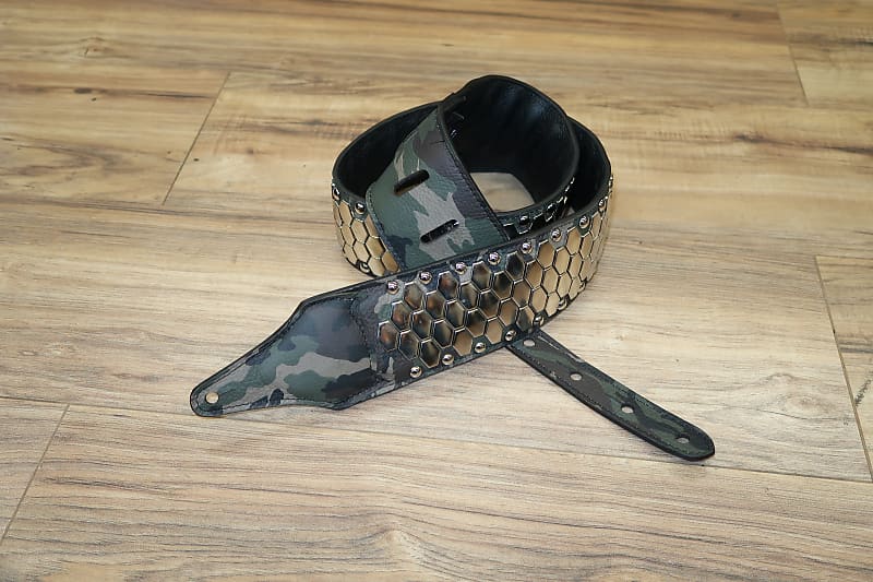 Carlino Army Camo Anaconda Flat Stud Leather Guitar Strap | Reverb