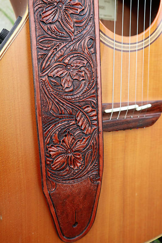 sangle de guitare en cuir marron brun patiné - Made in France