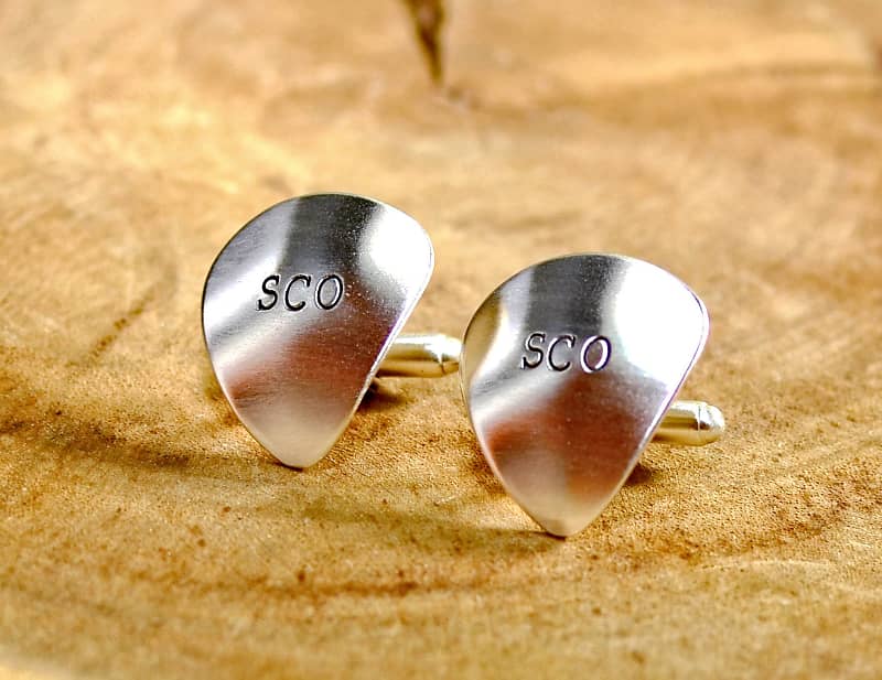 Sterling silver personalized guitar pick cuff links with initials monograms or to customize - Silver image 1