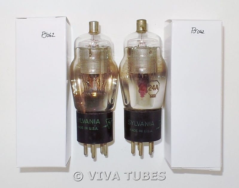 NOS Date Matched Pair Sylvania USA Type 24A Silver Mesh Plate Vacuum Tubes image 1