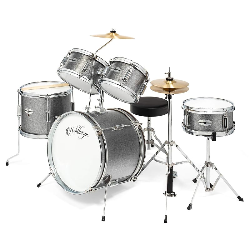 5-Piece Complete Junior Drum Set With Genuine Brass Cymbals - Advanced Beginner Kit With 16" Bass, Adjustable Throne, Cymbals, Hi-Hats, Pedals & Drumsticks - Silver image 1