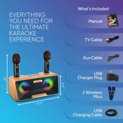 MASINGO Karaoke Machine for Adults and Kids with 2 UHF Wireless Microphones, Portable Bluetooth Singing Speaker, Colorful LED Lights, PA System, Lyrics Display Holder & TV Cable - Presto G2 Wood image 8