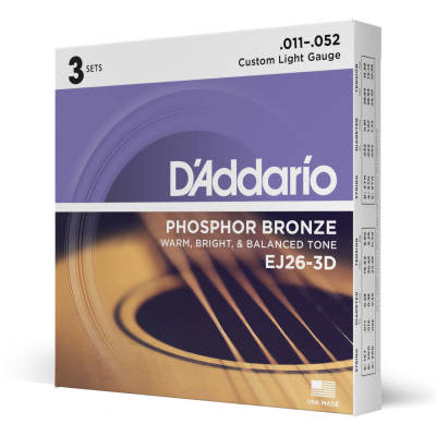 D'Addario #EJ26-3D - Custom Light Gauge Phosphur Bronze Acoustic Strings, 11-52, 3Pk image 2