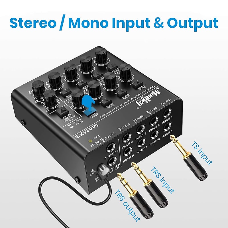 Moukey 4-Stereo Mini Audio Mixer, Ultra Low-Noise 4-Channel Line Mixer for  Sub-Mixing, DC 5V Audio Mixer with USB Cable, As Microphones, Guitars,  Bass, Keyboards or Stage Mixer-MAMX1 