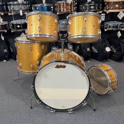 Vintage 60's Ludwig Hollywood Outfit 12/12/16/22" Drum Set Kit with matching 14" Jazz Fest Snare in Sparkling Gold Pearl image 2