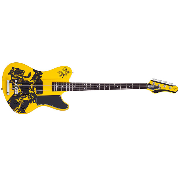 Schecter Simon Gallup Ultra Spitfire Signature 4-String Bass Gloss Black w/ Yellow Graphic image 1