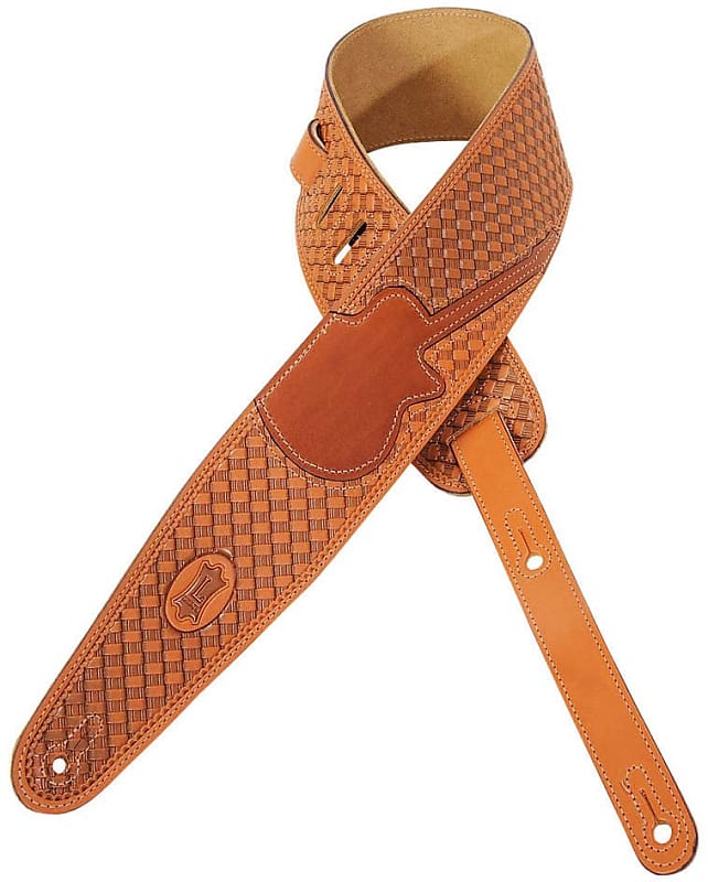 Levy's M44TG 3" Tooled "Woven" Leather Guitar/Bass Strap - Guitar Inlay - Tan image 1