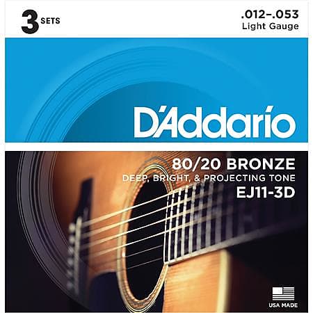 D'Addario EJ11-3D 12-53 Light, 80/20 Bronze Acoustic Guitar Strings 3-Pack image 1