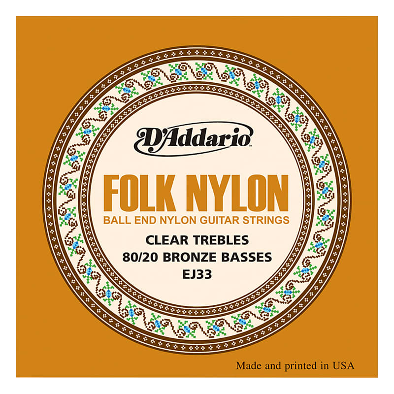 D'Addario EJ33 Folk Nylon Guitar Strings, Ball End, 80/20 Bronze/Clear Nylon