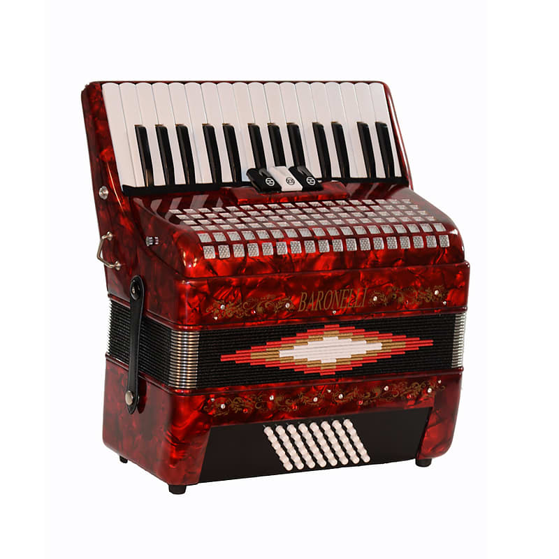 Baronelli 30 Key 48 Bass, 3 Switch Piano Accordion, With Staps, Case, Red image 1