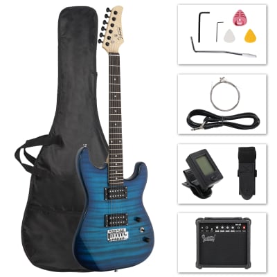 Glarry GST Stylish H-H Pickup Tiger Stripe Electric Guitar Kit with 20W AMP, Bag, Guitar Strap 2020s - Blue for sale