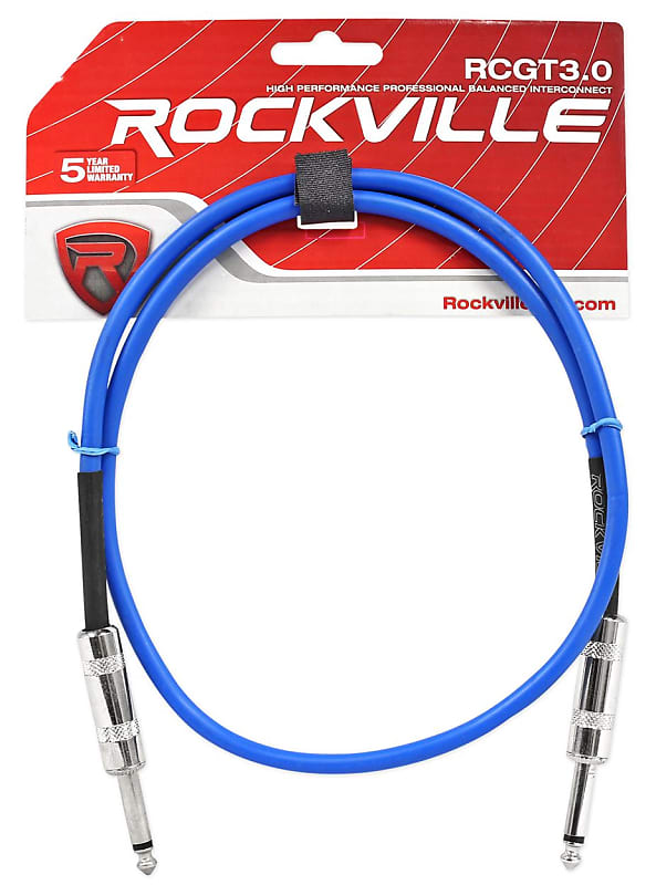 Rockville RCGT3BL 3&#039; 1/4&#039;&#039; TS to 1/4&#039;&#039; TS Guitar/Unbalanced Signal Cable-Blue  			