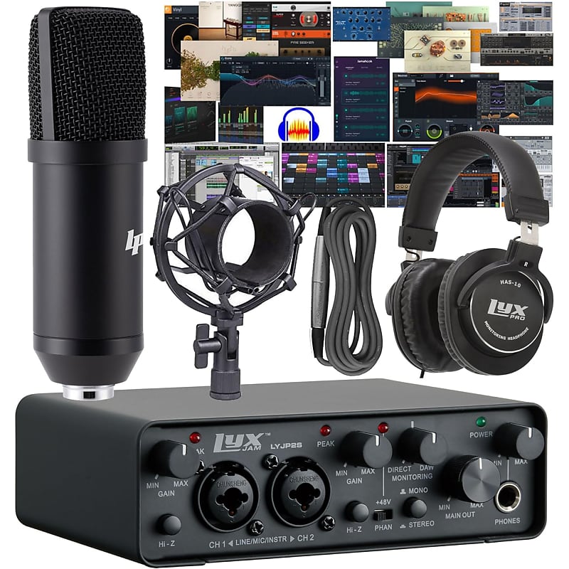 LyxJam 2x2 USB Audio Interface With Asio Driver And Creative Software Bundle With LP Professional Microphone Kit, Cables, Headphones
