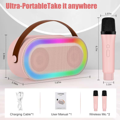 Mini Karaoke Machine, Portable Bluetooth Speaker Set With 2 Wireless Microphone For Kids And Adults With Led Lights, Gifts For Girls And Boys Birthday Family Party Singing (Pink) image 3