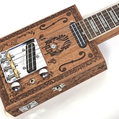 Handcrafted 2 Pickup Engraved Mahogany 6 String Opening Body 24.75"Scale Electric Cigar Box Guitar image 6