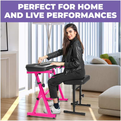 Liquid Stands Pink Piano Keyboard Stand and Bench Set - Portable Heavy Duty Digital Piano Stand for 54-88 Key Electric Pianos & Adjustable Piano Bench, Chair,Stool Sturdy Keyboard Music Stand and Seat image 6