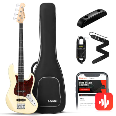 Donner Electric Bass Guitar 4 Strings Full-Size Standard Bass JB-Style Beginner Kit White for sale