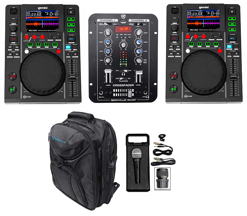 2) Gemini MDJ-600 USB/CD Media Players DJ MIDI  Controllers+Mixer+Mic+Backpack