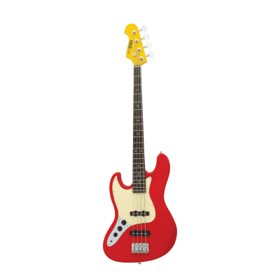 CNZ Audio JB Mini Left Handed Electric Bass Guitar - Maple Neck, Ivory Pickguard, Fiesta Red image 1