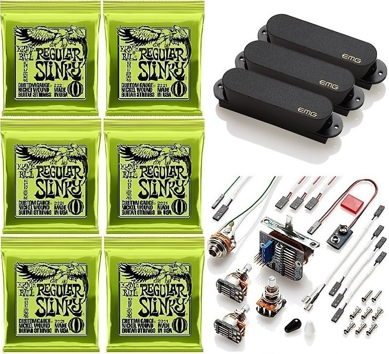 EMG SA SET BLACK 3 ACTIVE SINGLE COIL STRAT PICKUPS SWITCH, JACK, 3 POTS &  WIRING (6 REGULAR SLINKY)