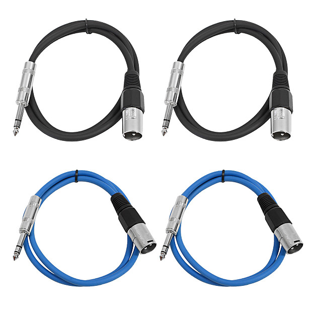 Seismic Audio SATRXL-M3-2BLACK2BLUE 1/4" TRS Male to XLR Male Patch Cables - 3' (4-Pack) image 1