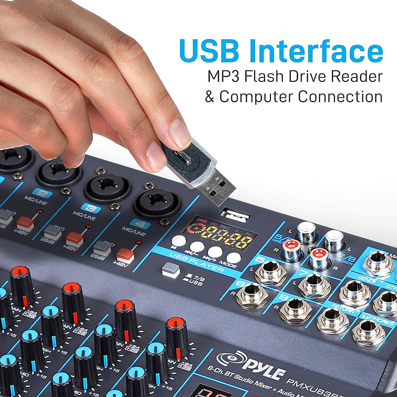 8 Channel Audio Mixer Professional DJ Mixer Sound Board Reverb Delay Effect  USB Audio Interface 48V Phantom Power Bluetooth DJ Studio Streaming for