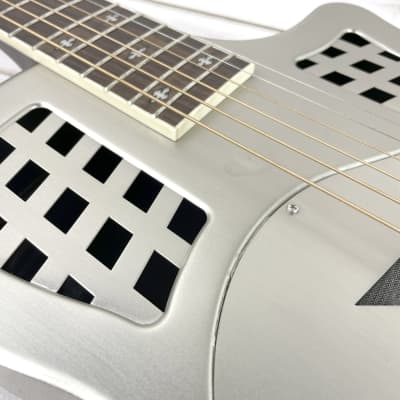 Royall Resonators Trifecta Relic Brushed Steel Finish 14 Fret Cutaway Brass Tricone Guitar With Resophonic Pickup image 6