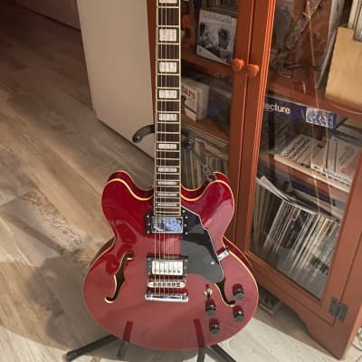 Grote 335 style  red semi hollow body electric guitar with gig bag image 1