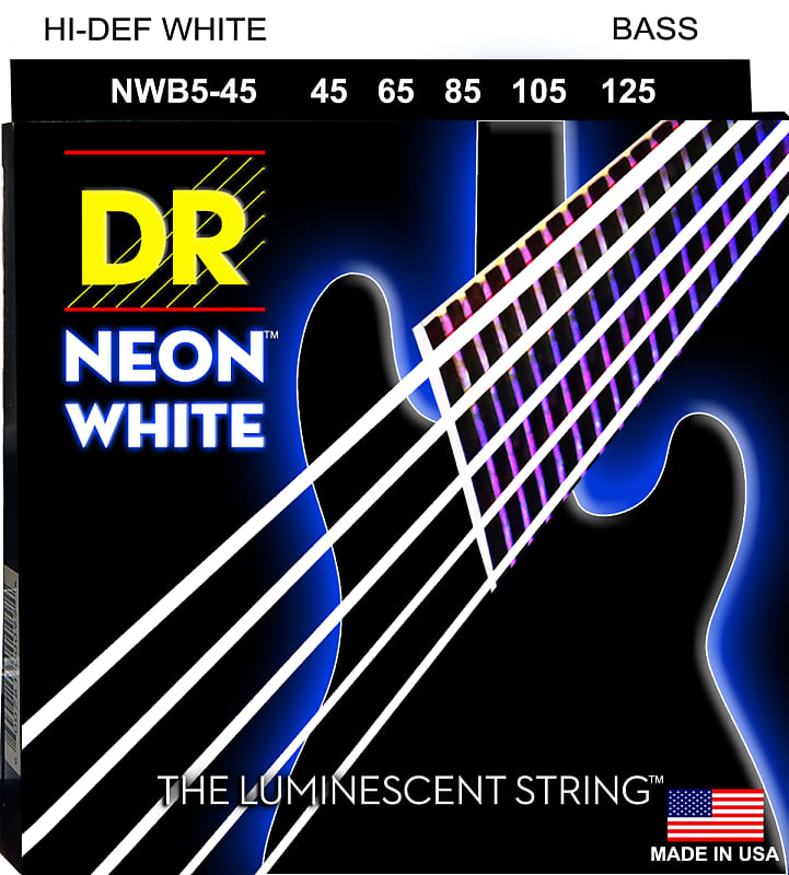 DR NWB5-45 5 string Hi-Def Neon White Coated Bass Guitar Strings 45-125 MED Neon White image 1
