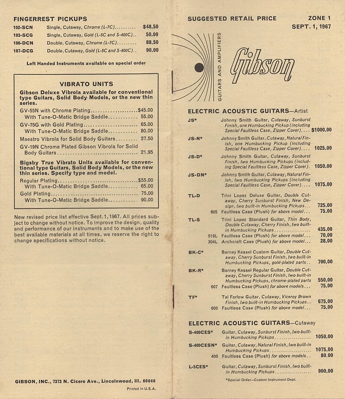Gibson- Suggested Retail Price List- Sept. 1, 1967 image 1