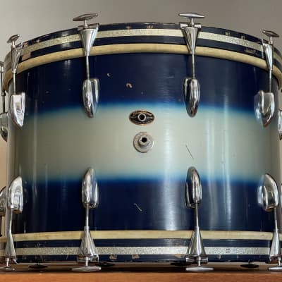 1950's Slingerland Blue & Silver Duco 14 x 22" Artist Bass Drum Original Calf Heads image 6