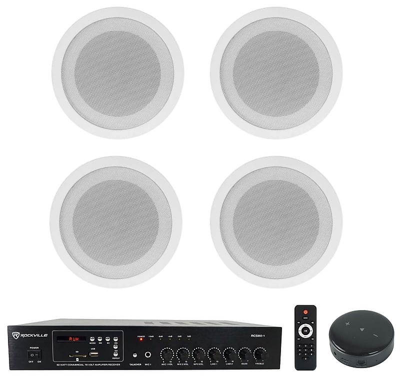 Rockville Commercial 70v Amp+Wifi Receiver+(4) 5&quot; Ceiling Speakers 4 Restaurant  			