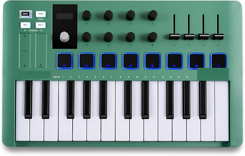 Green 25 Key USB MIDI Keyboard Controller With 8 Multi-Color Drum Pads, 8 Knobs and Music Production Software Included  			