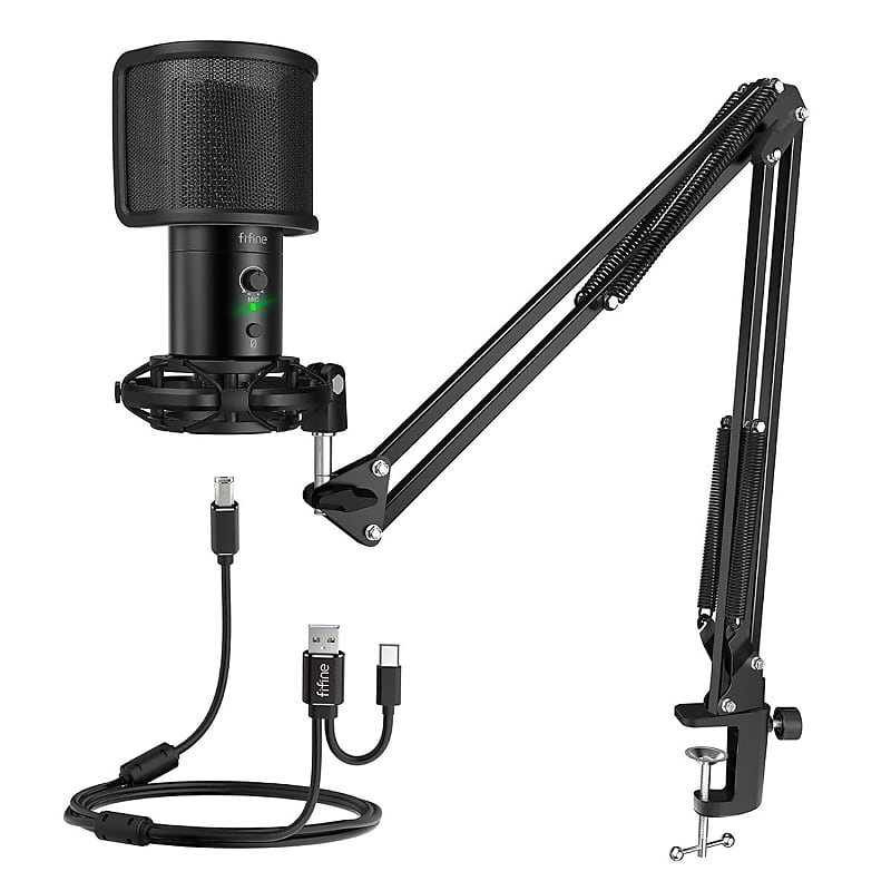 FIFINE XLR/USB Dynamic Microphone and Microphone Arm Stand with Desk Mount  Clamp,Gaming Streaming Mic with RGB Light,Suspension Scissor Mic Stand for