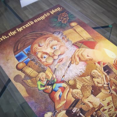 Fender Telecaster, Precision Bass, Rhodes & Twin Reverb Authentic Vintage Poster Christmas Campaign "Hark the Herald Angels Play" Artist Endicott Circa-1970's-Multi Color image 7