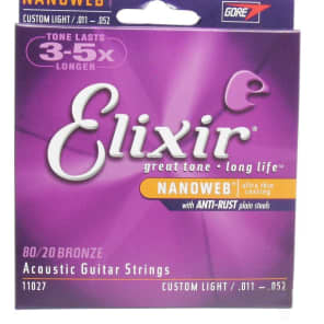 Elixir 11027 Nanoweb 80/20 Bronze Acoustic Guitar Strings - Custom Light (11-52)