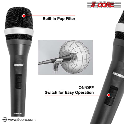 5 Core Professional Dynamic Microphone PAIR Cardiod Unidirectional Handheld Mic Karaoke Singing Wired Microphones with Detachable XLR Cable, Mic Clip, Carry Bag  5C-POWER 2PCS image 2