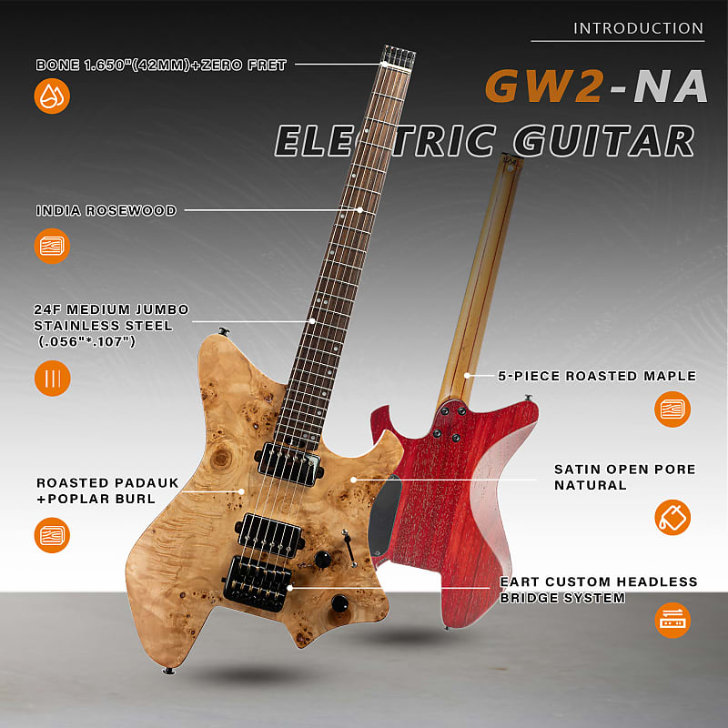 Eart Gw2 Headless Electric Guitar, Right Handed, Roasted 