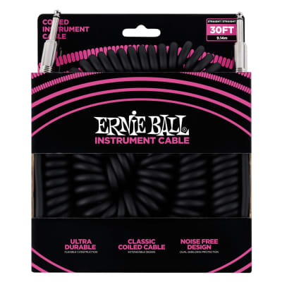 Ernie Ball 30' Coiled Straight / Straight Instrument Cable, Black image 1