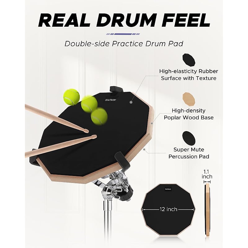 Drum Practice Pad 12 Inches, Donner Quiet Drum Pad with Removable Snare  Simulation Built-in 800 Steel Balls, Drum Sticks, 40 Standard  Rudiments(Black)