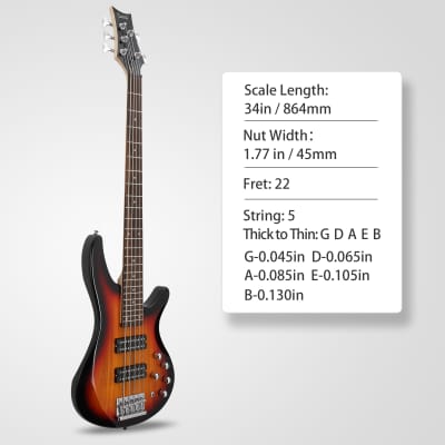 Glarry 44 Inch GIB 5 String H-H Pickup Laurel Wood Fingerboard Electric Bass Guitar with Bag and other Accessories Sunset Color image 5