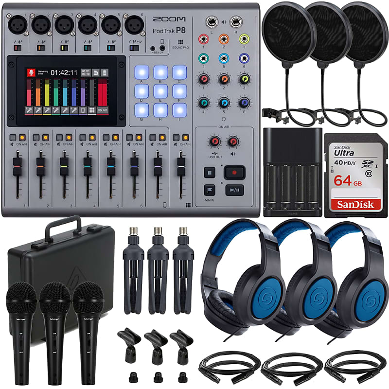 Zoom PodTrak P8 Portable Multitrack Podcast Recorder + Behringer XM1800S  Microphone (3-pack) + 3x Samson SR350 Over-Ear Stereo Headphones +  Microphone