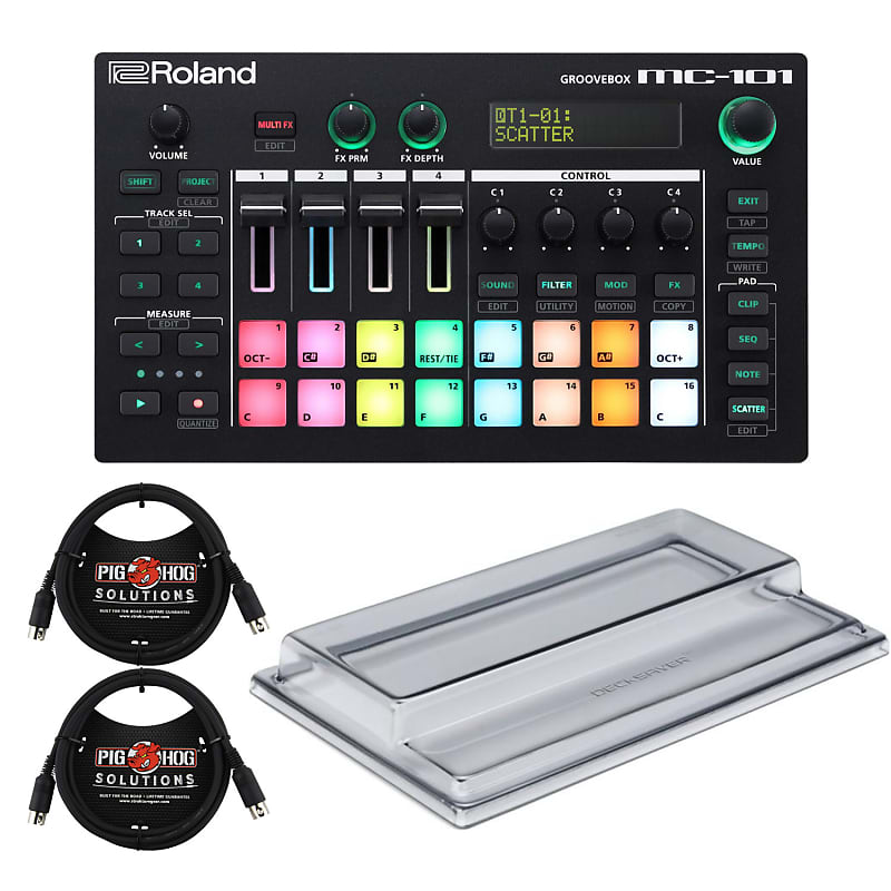 Roland MC-101 Compact Portable Four-Track Groovebox with Decksaver Cover  and MIDI Cables