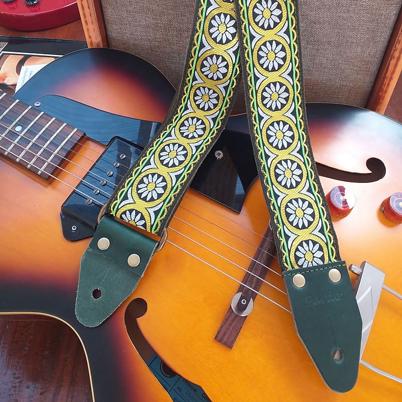 Green purse guitar strap with flowers based in Hippie guitar straps