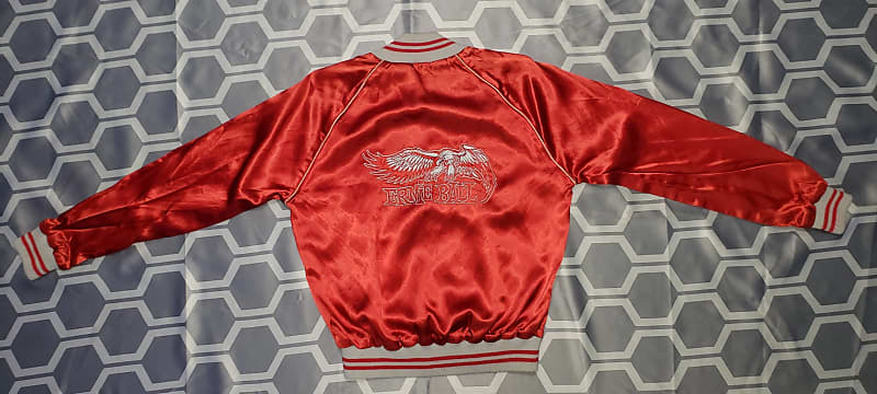 Ernie Ball Bomber Letterman s Jacket 1970s Red Satin Silk Size